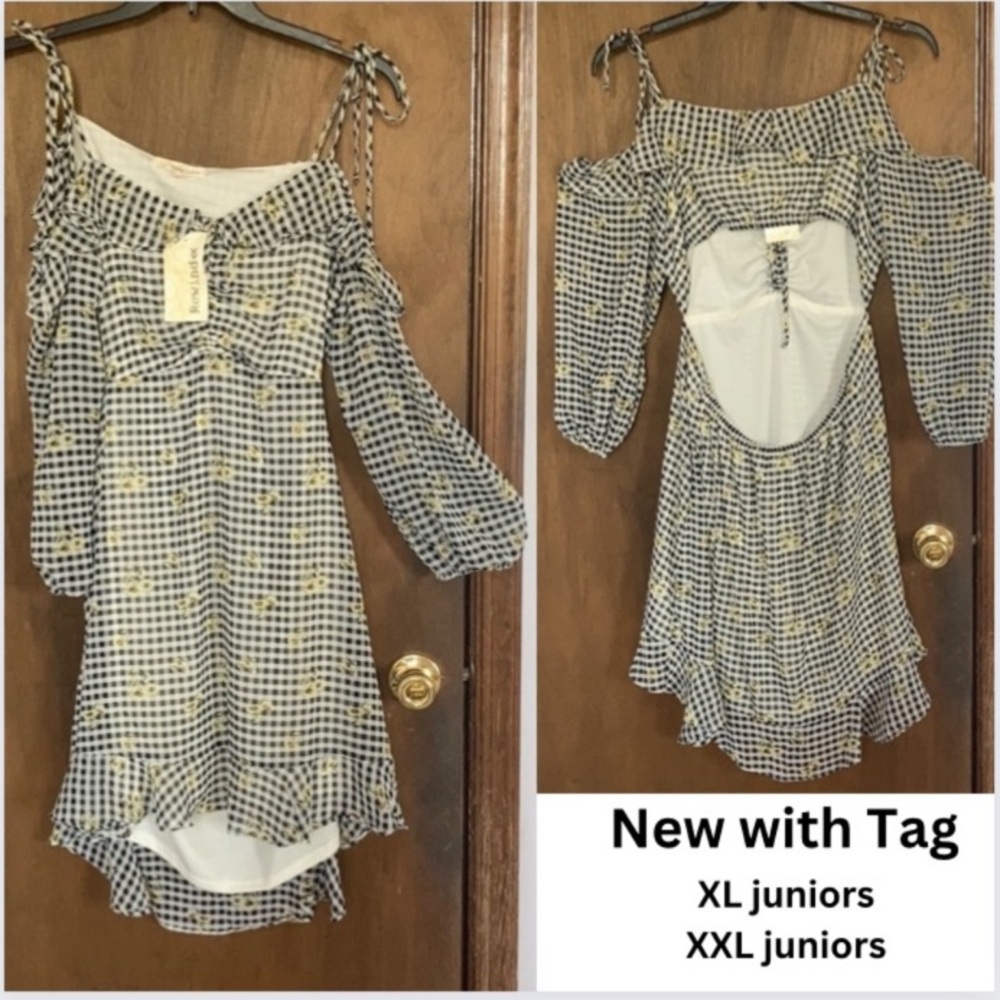 rewind dress check flower print cut out in back w ruffle XL jrs - Picture 14 of 17